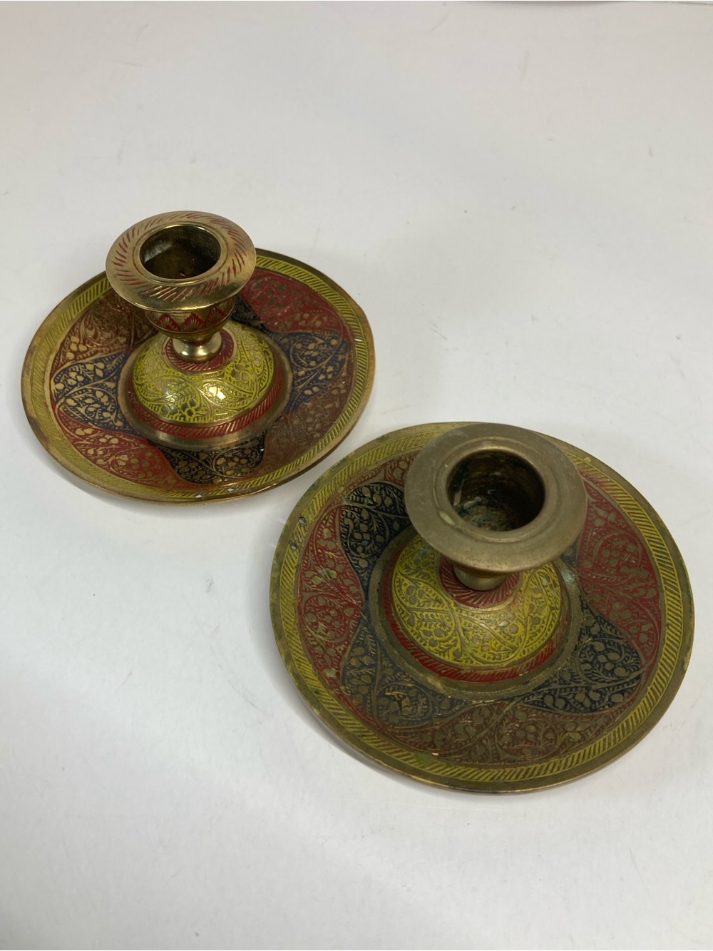 Vintage Brass Candle Stick Holder Pair Etched & Painted 4”